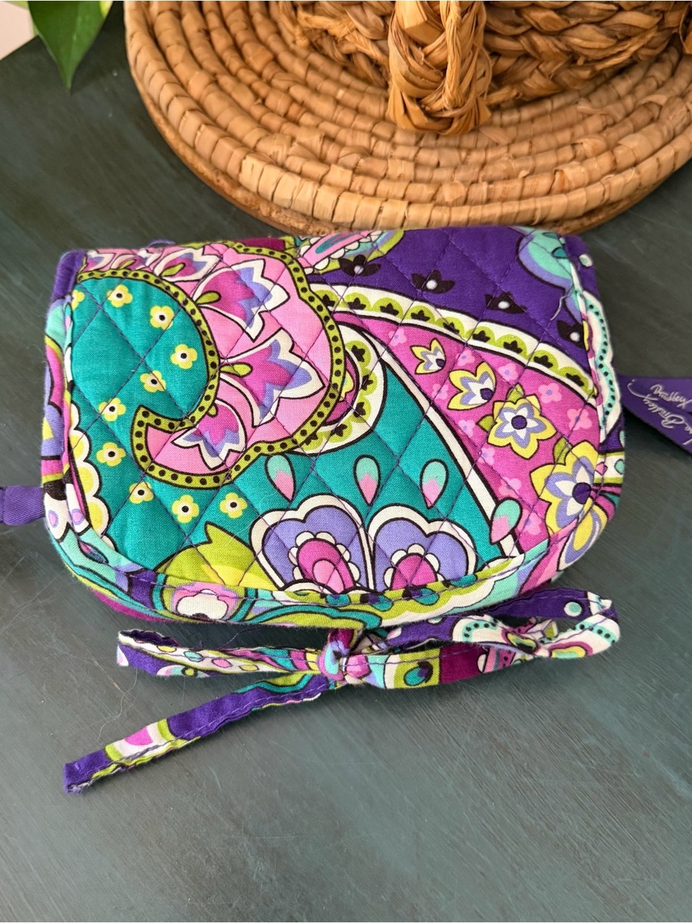 Vera Bradley Cosmetic travel pouch with vibrant purple and green paisley pattern